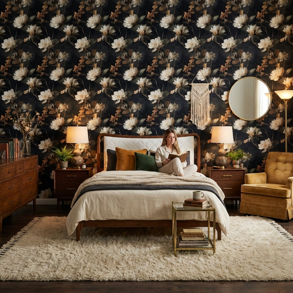 Dark Elegance Ivory Floral Wallpaper