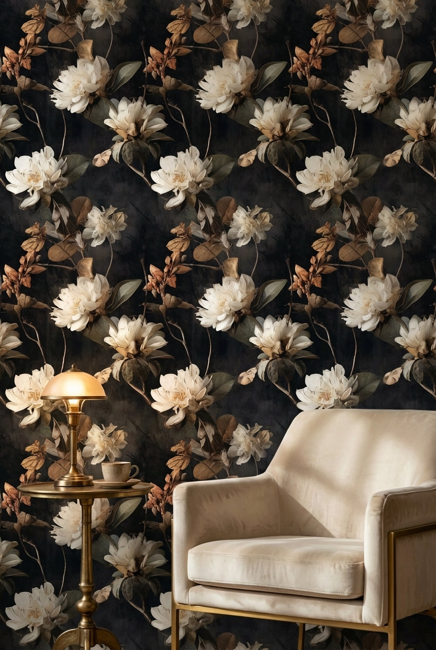 Dark Elegance Ivory Floral Wallpaper