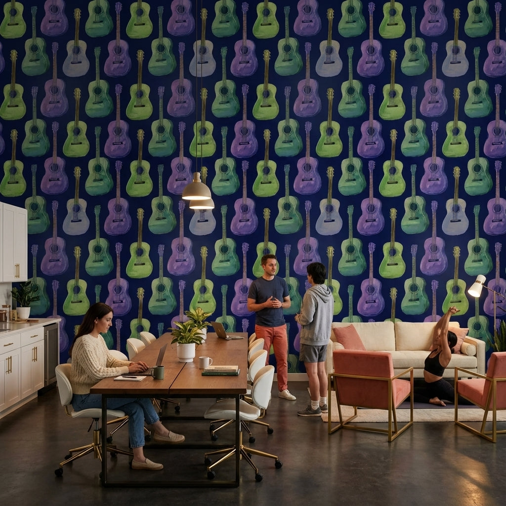 Navy Blue Colorful Guitar Music Wallpaper