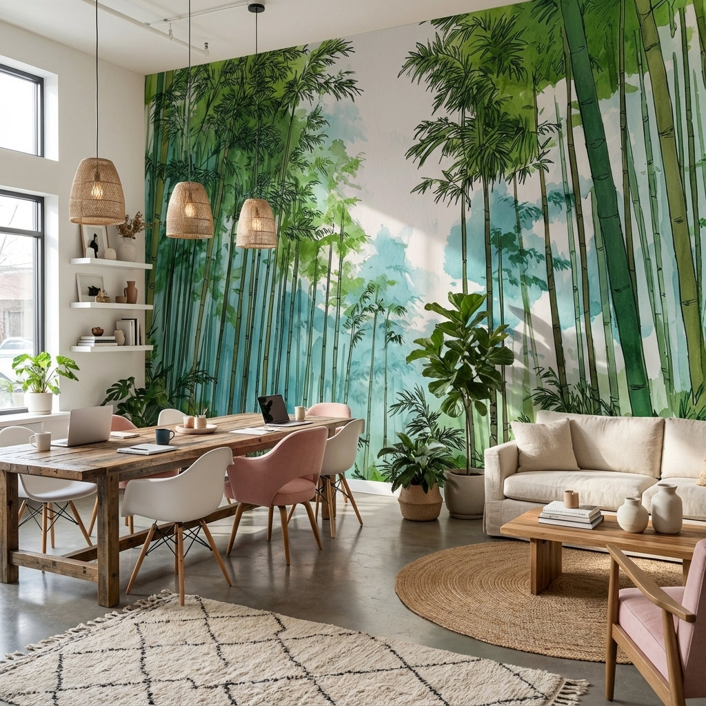 Bamboo Wallpaper Forest Green Removable Wall Decor