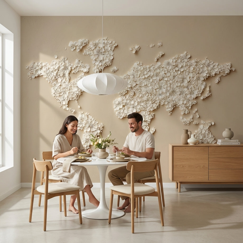 World Map Wallpaper Beige Modern Wall Decor