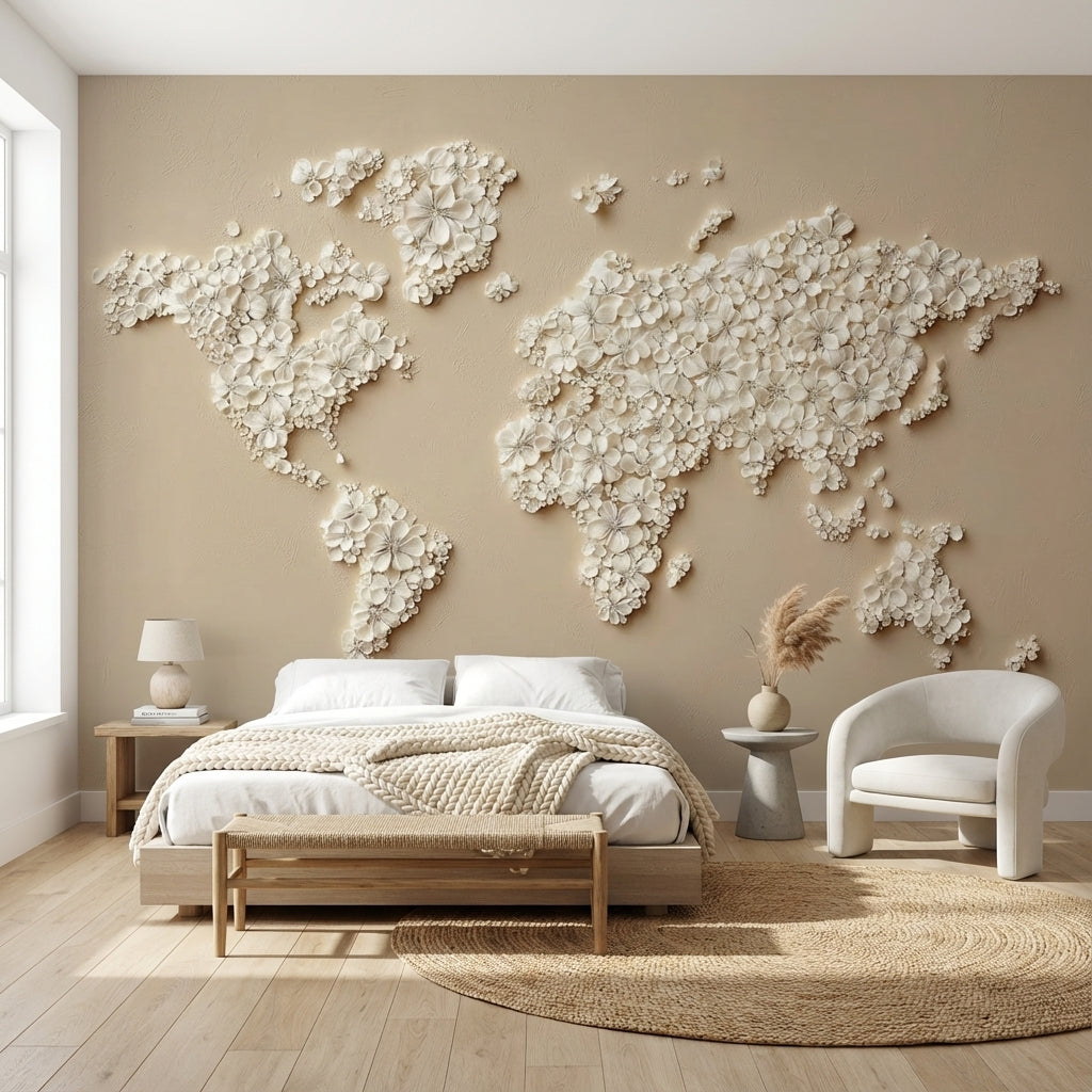 World Map Wallpaper Beige Modern Wall Decor