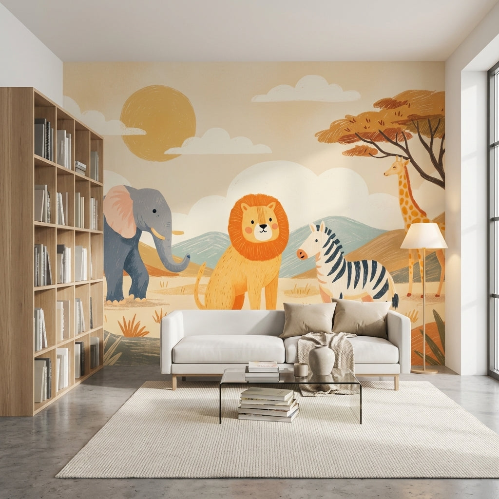 Safari Animals Wallpaper Cartoon Playful Wall Mural