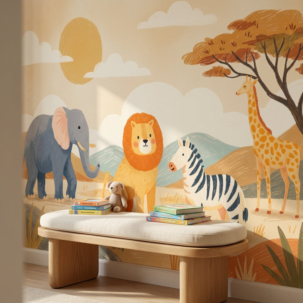 Safari Animals Wallpaper Cartoon Playful Wall Mural