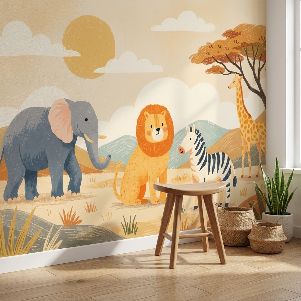 Safari Animals Wallpaper Cartoon Playful Wall Mural