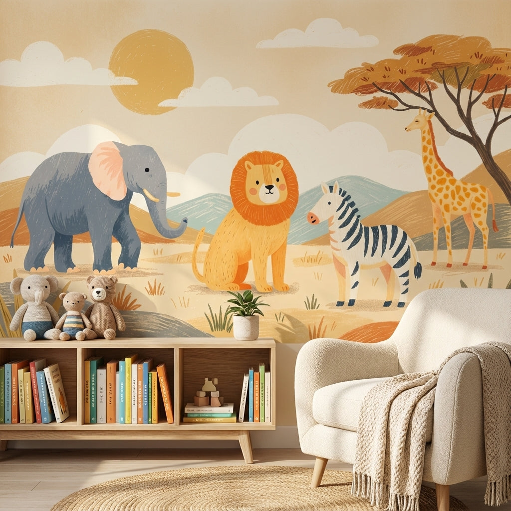 Safari Animals Wallpaper Cartoon Playful Wall Mural