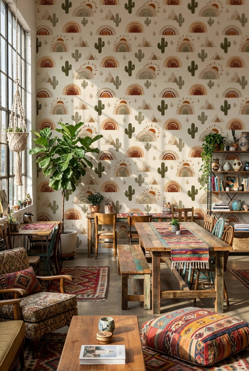 Desert Wallpaper Cactus Removable Rainbow Wall Mural