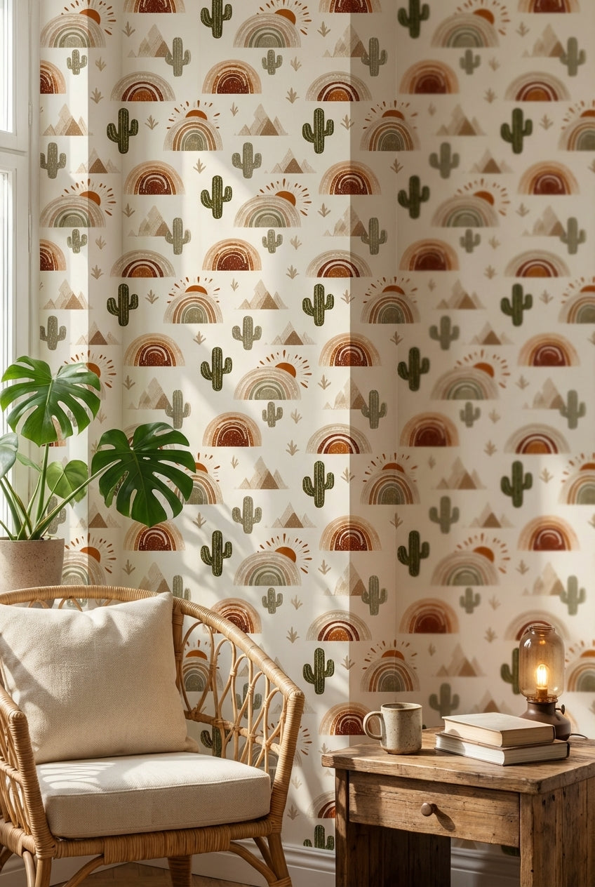 Desert Wallpaper Cactus Removable Rainbow Wall Mural