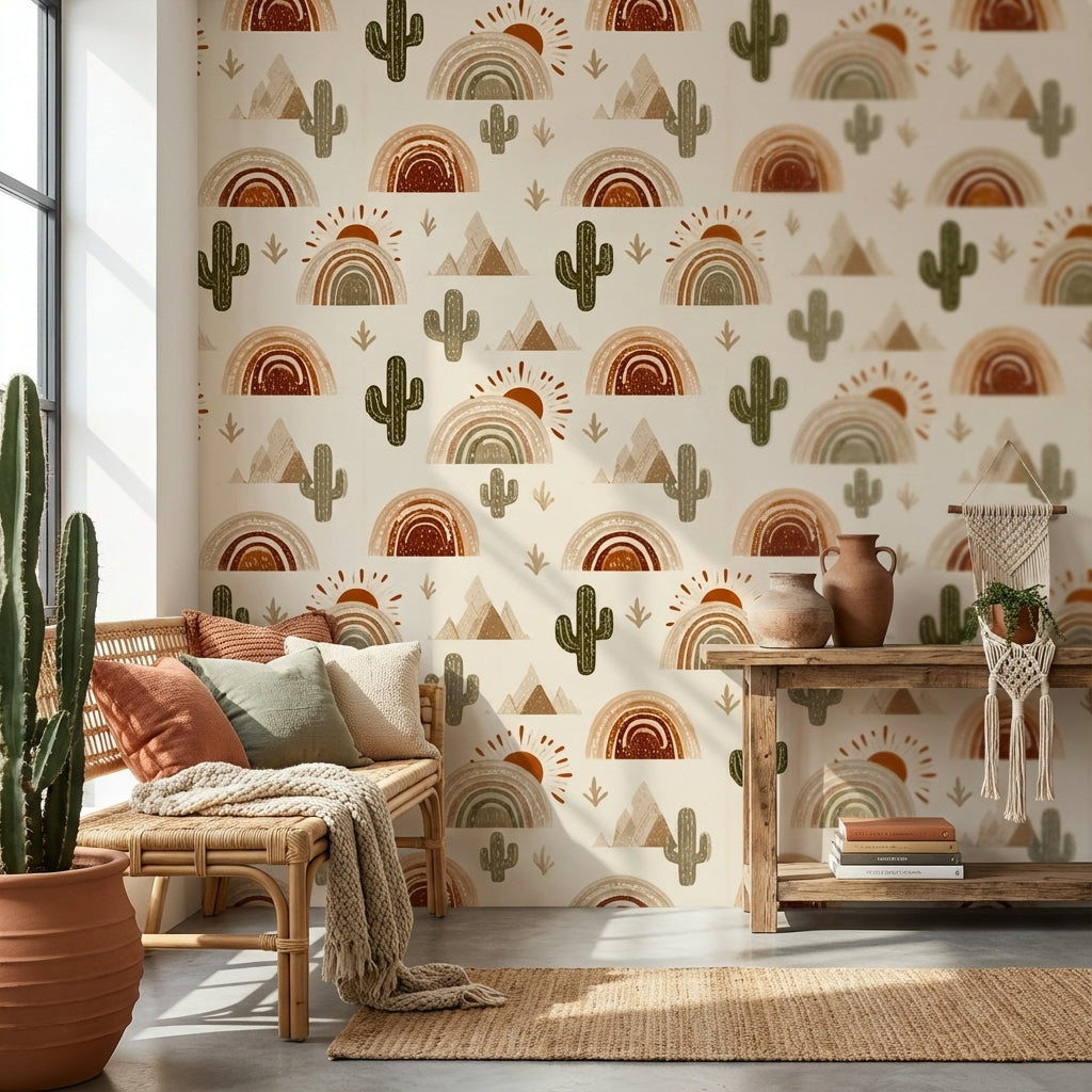 Desert Wallpaper Cactus Removable Rainbow Wall Mural