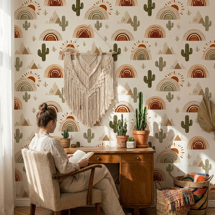 Desert Wallpaper Cactus Removable Rainbow Wall Mural