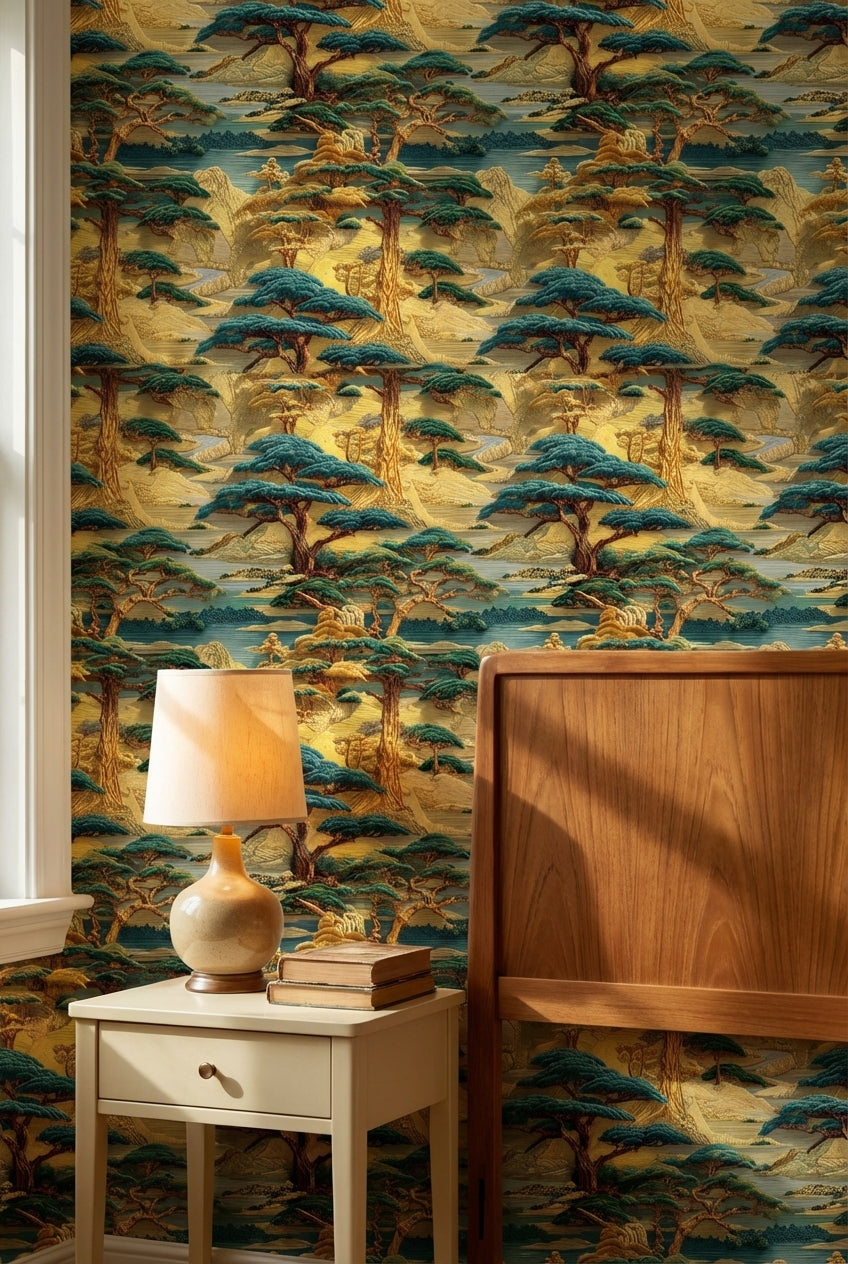 Oriental Landscape Wallpaper Vintage Golden Look Wall Mural