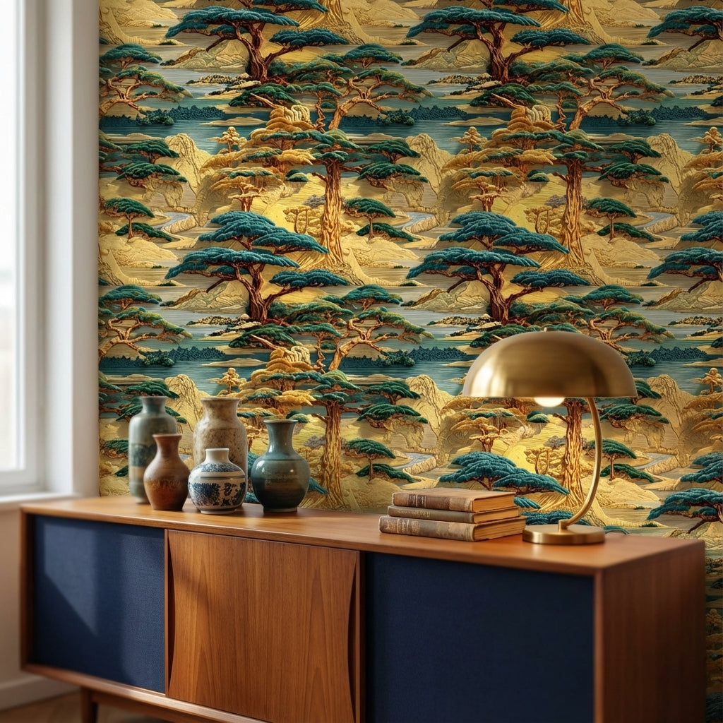 Oriental Landscape Wallpaper Vintage Golden Look Wall Mural