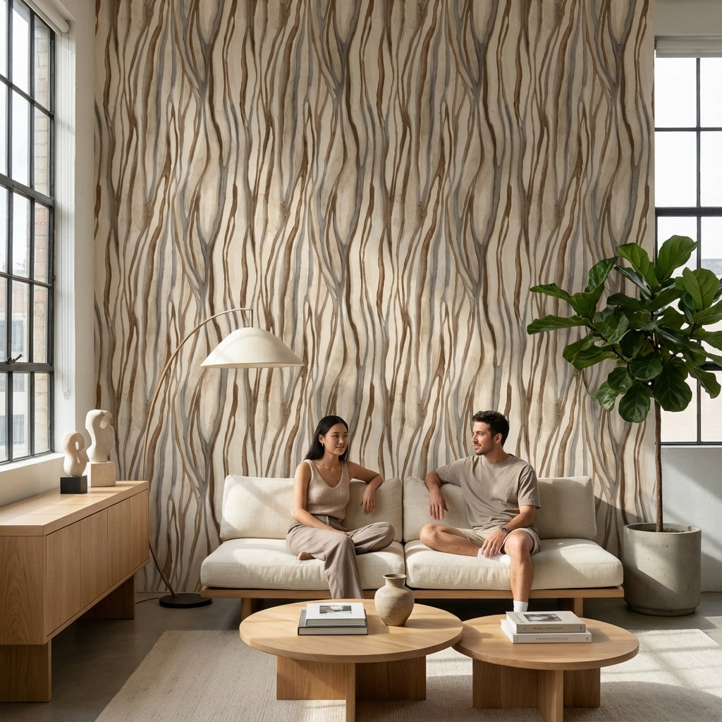 Beige and Brown Abstract Stripe Pattern Wallpaper