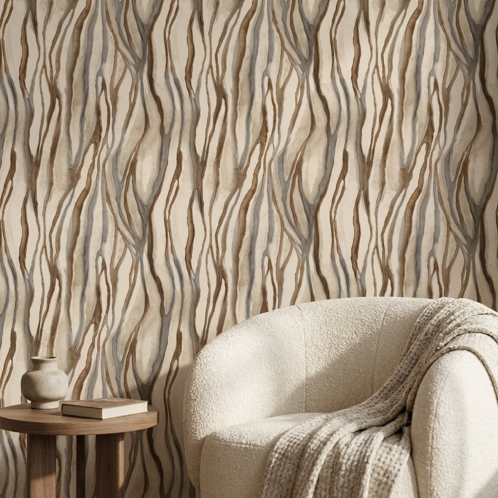 Beige and Brown Abstract Stripe Pattern Wallpaper