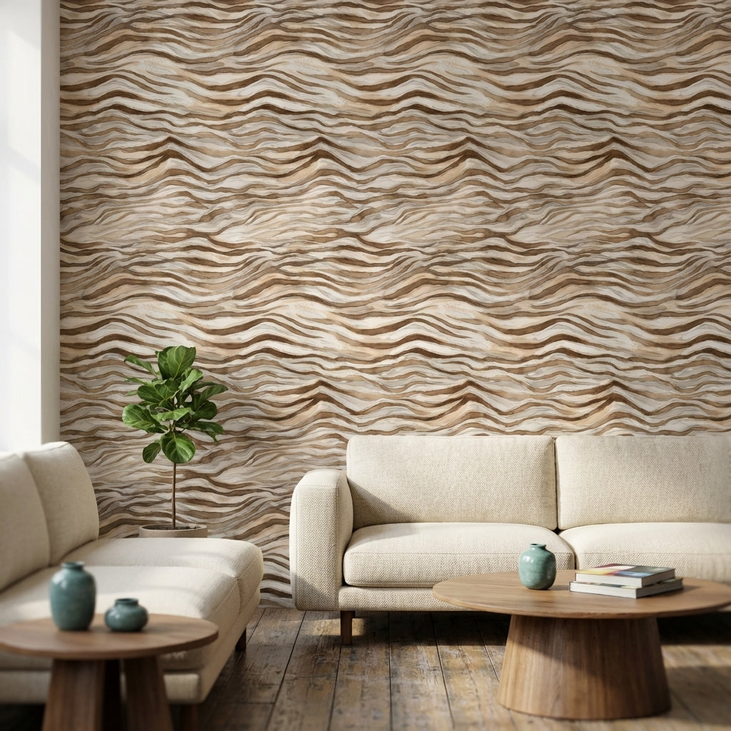 Beige and Brown Wave Abstract Wallpaper