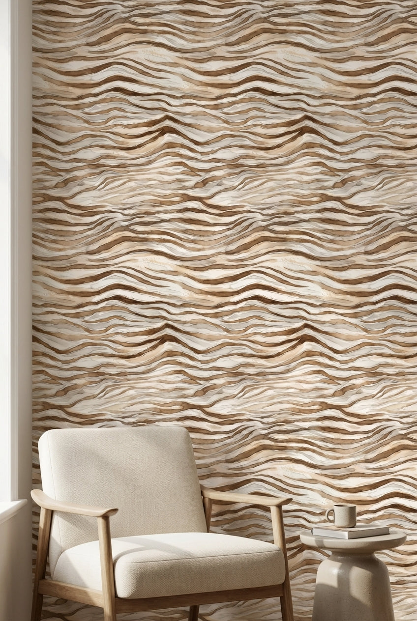 Beige and Brown Wave Abstract Wallpaper