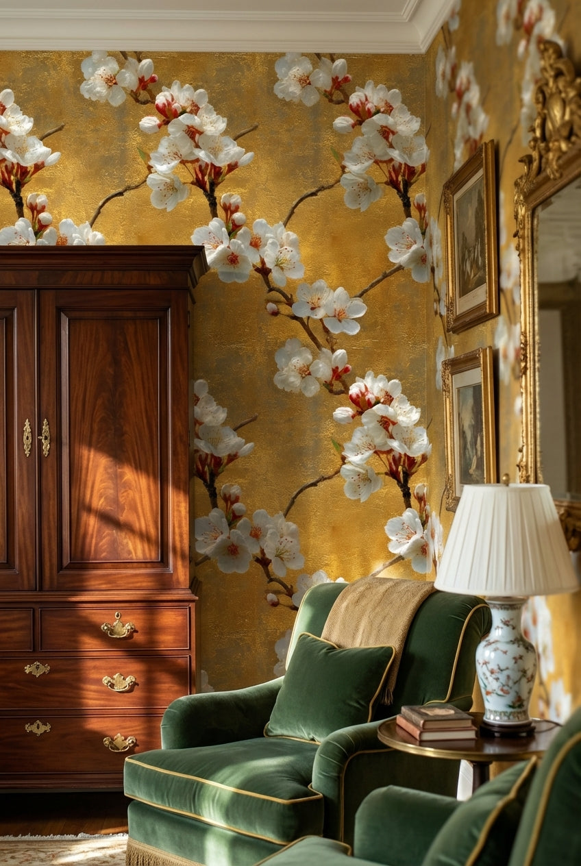 Floral Wallpaper Golden Look Removable Blossoms Wall Mural