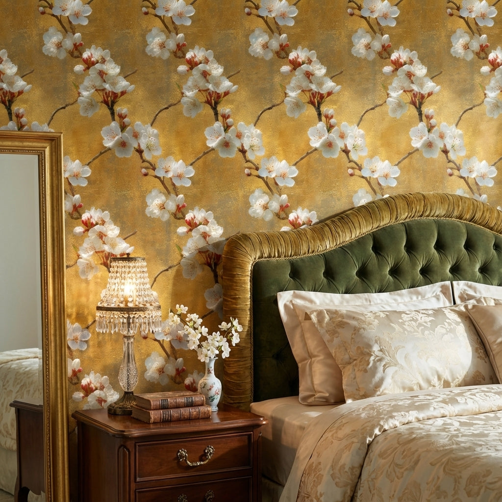 Floral Wallpaper Golden Look Removable Blossoms Wall Mural