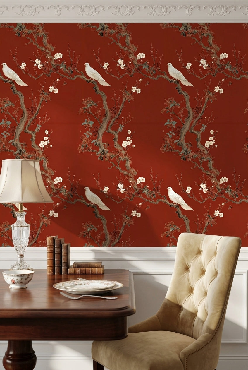 Chinoiserie Floral Wallpaper Bird Removable Oriental Wall Double Roll