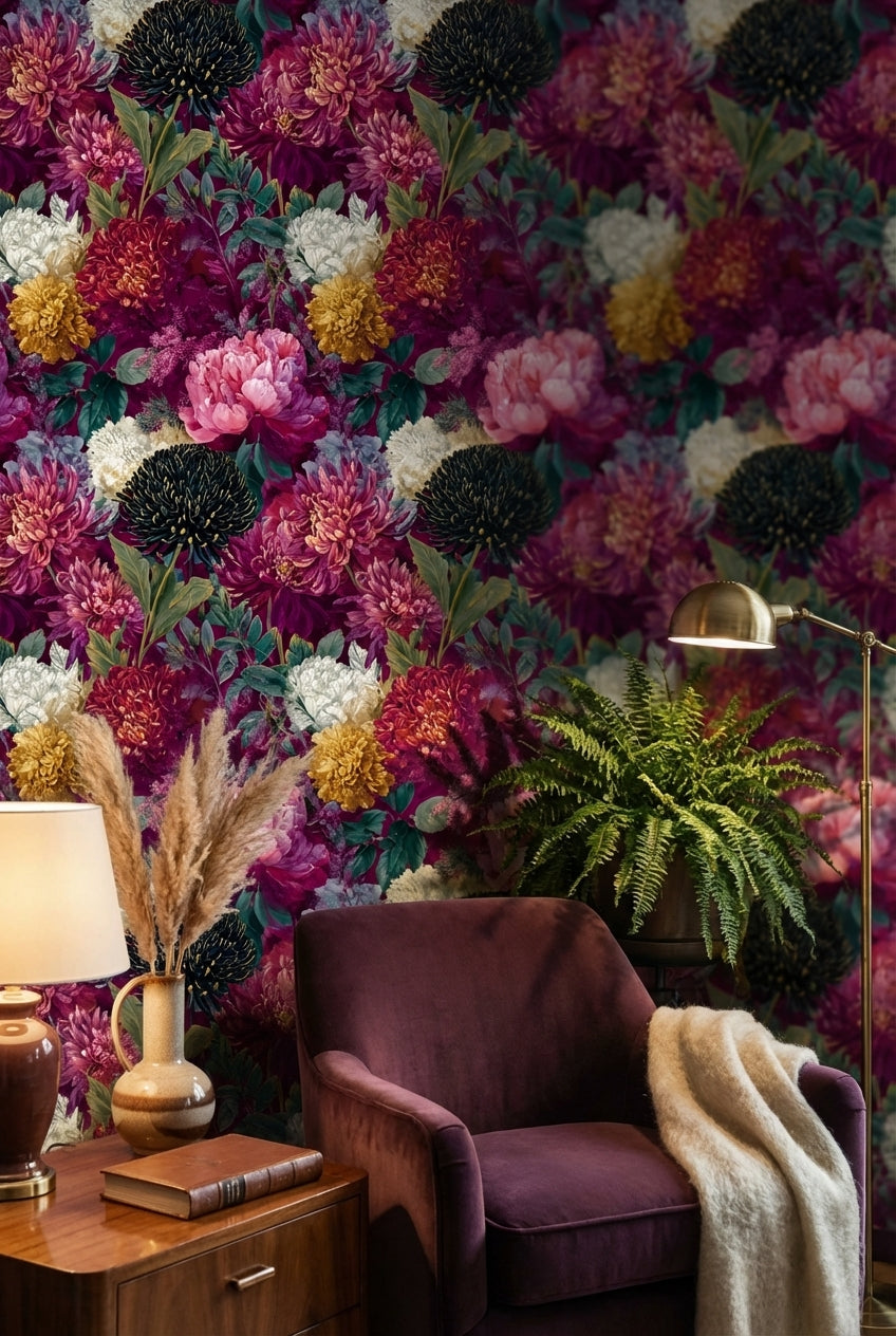 Purple Background Wallpaper Vintage Floral Mural
