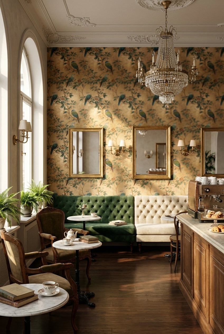 Floral Wallpaper Birds Golden Look Decorative Mural