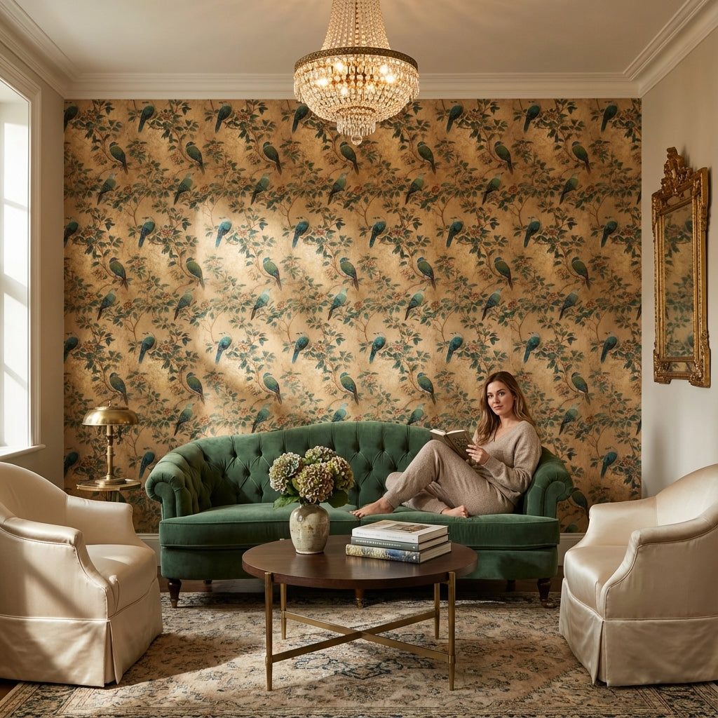 Floral Wallpaper Birds Golden Look Decorative Mural