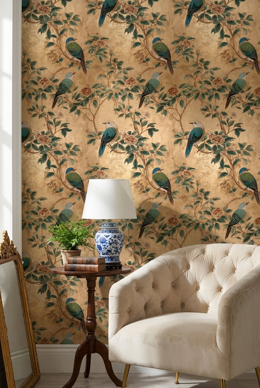 Floral Wallpaper Birds Golden Look Decorative Mural