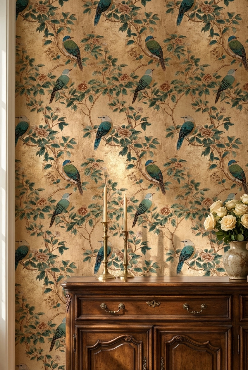 Floral Wallpaper Birds Golden Look Decorative Mural