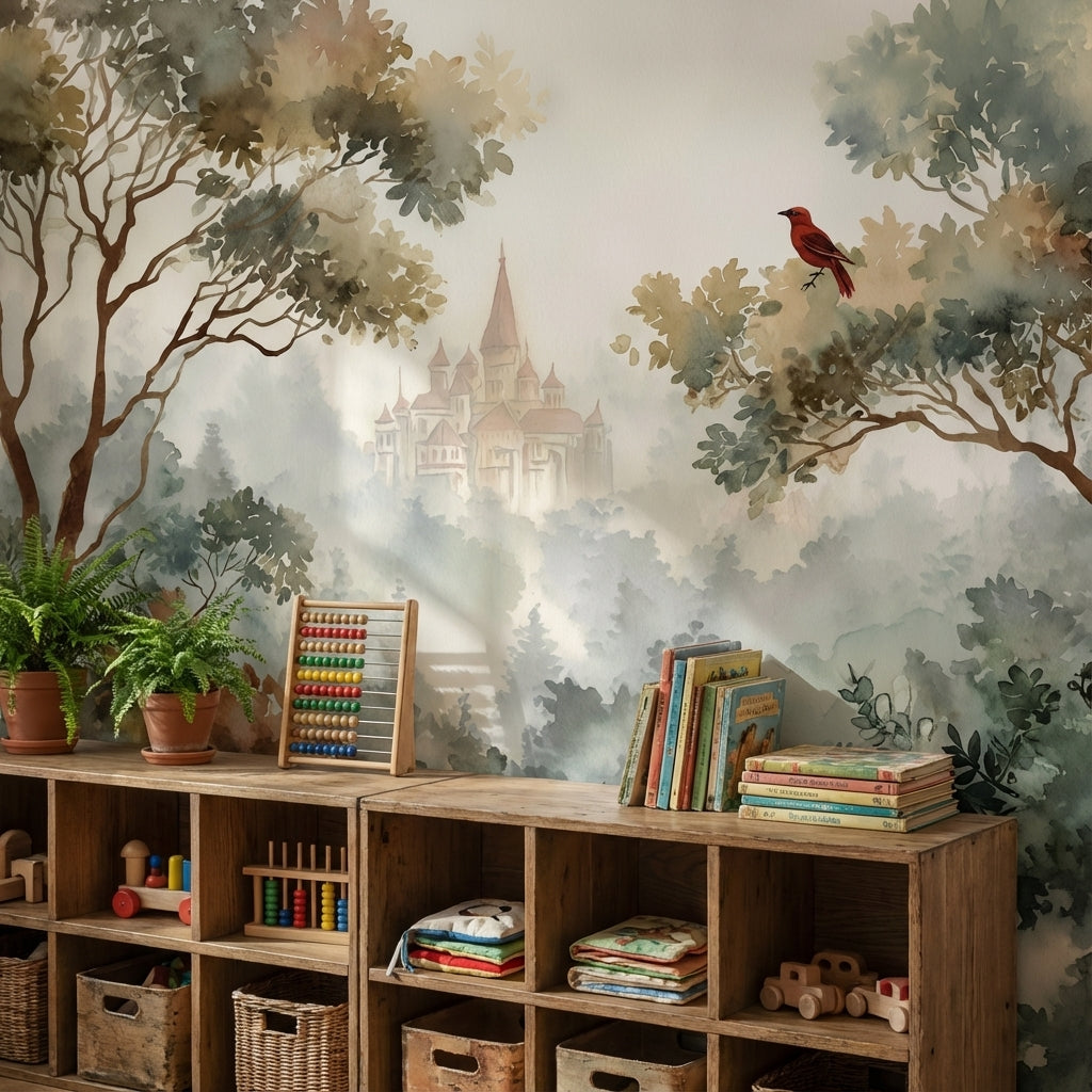Castle Landscape Wallpaper Misty Bird Wall Mural