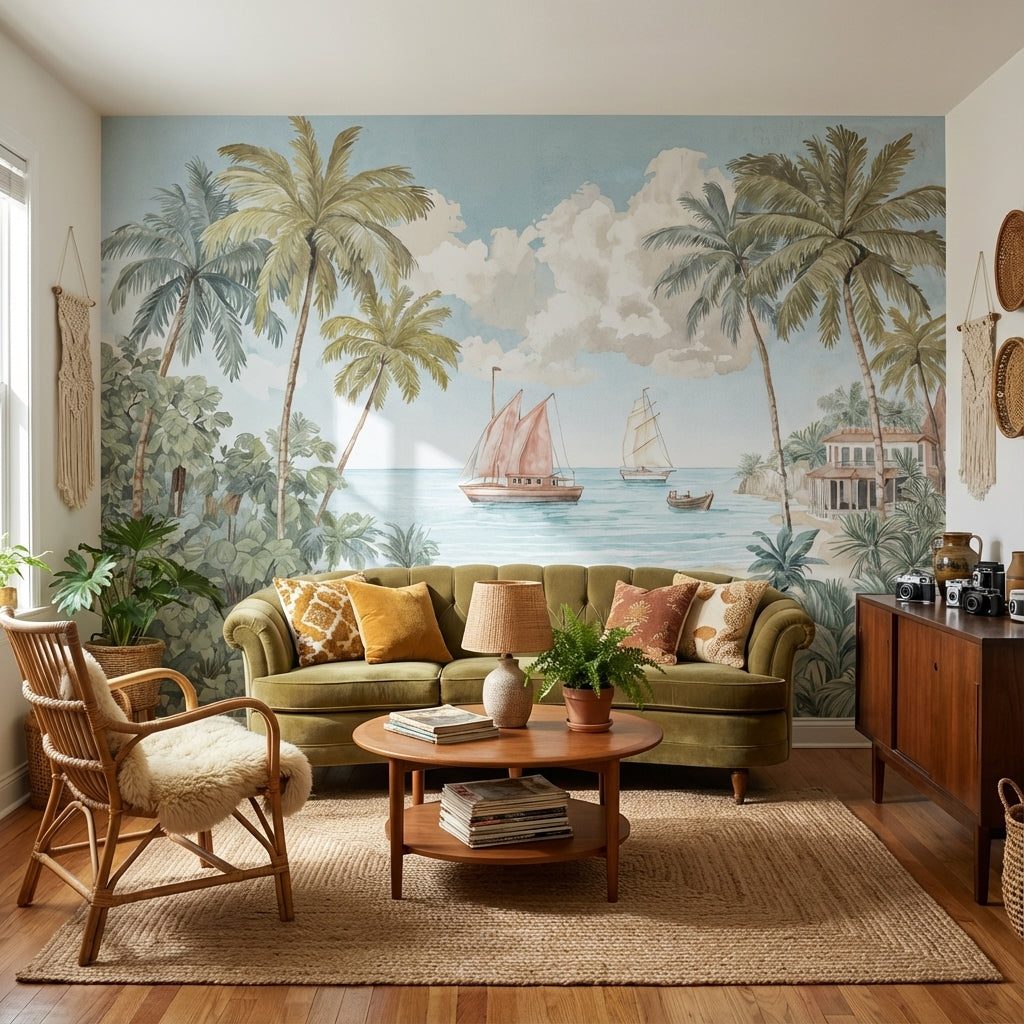 Tropical Vintage Wallpaper Palm Trees Serene Wall Mural