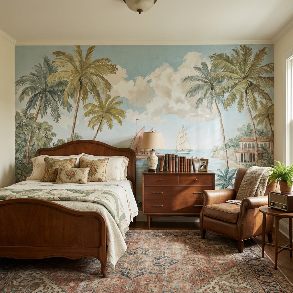 Tropical Vintage Wallpaper Palm Trees Serene Wall Mural