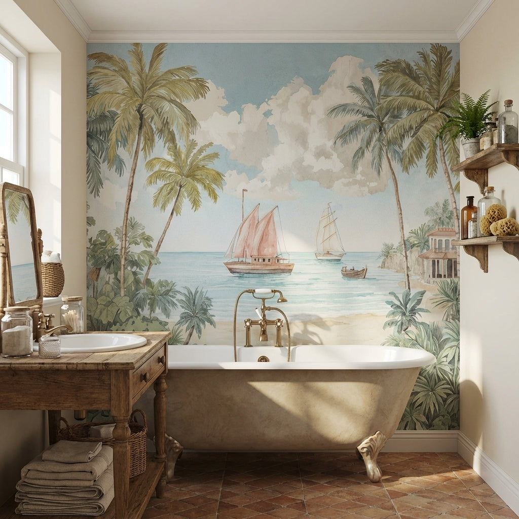 Tropical Vintage Wallpaper Palm Trees Serene Wall Mural