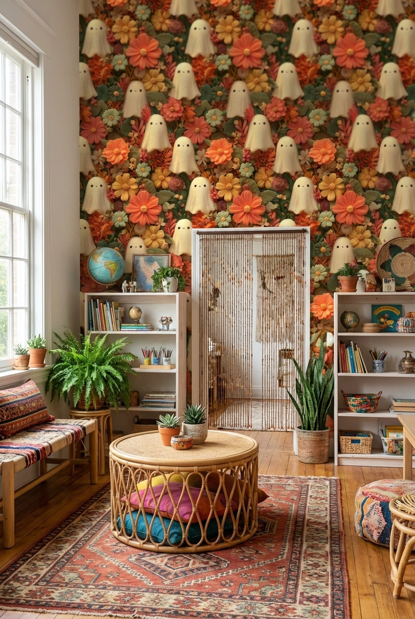Ghosts Wallpaper Flowers Whimsical Decorative Mural
