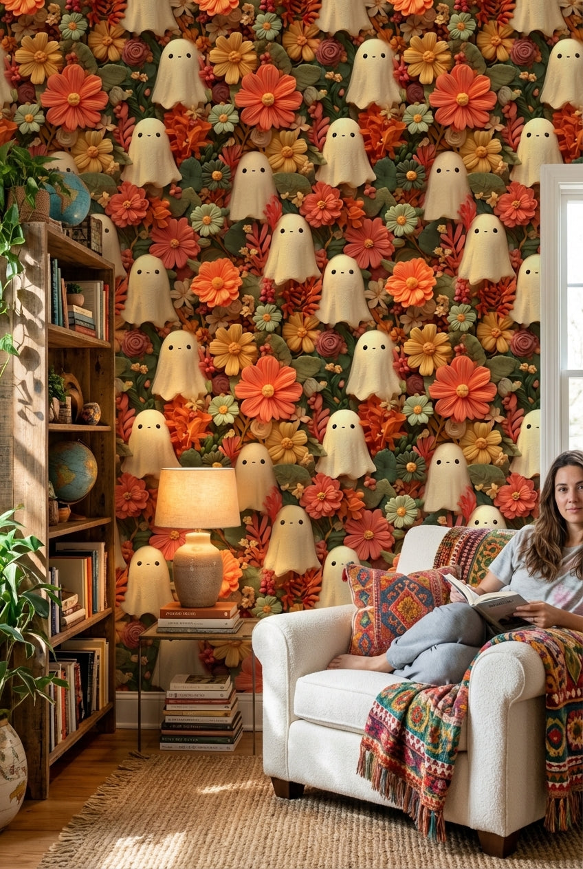 Ghosts Wallpaper Flowers Whimsical Decorative Mural