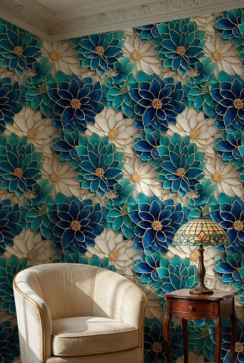 Floral Glam Wallpaper Blue Abstract Decorative Mural