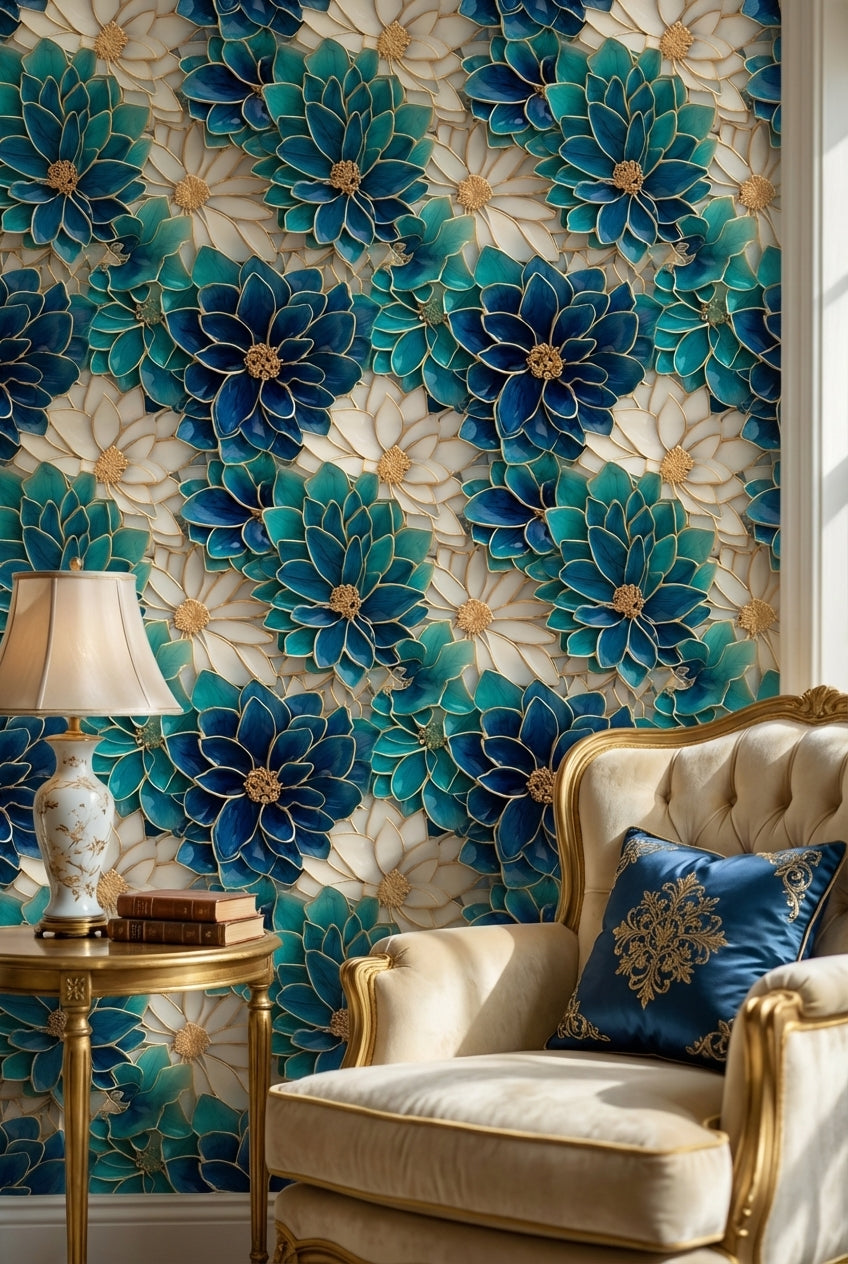 Floral Glam Wallpaper Blue Abstract Decorative Mural