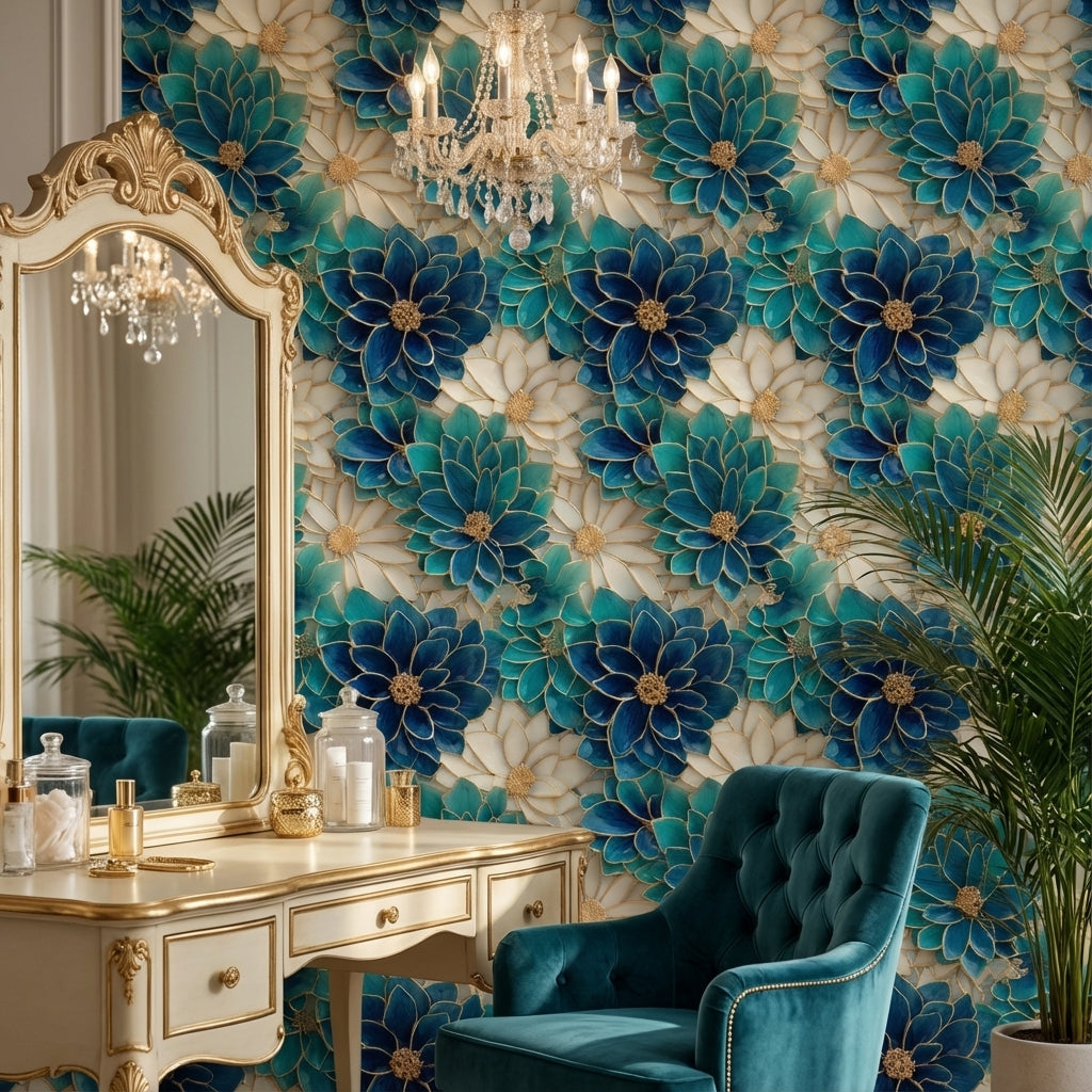 Floral Glam Wallpaper Blue Abstract Decorative Mural