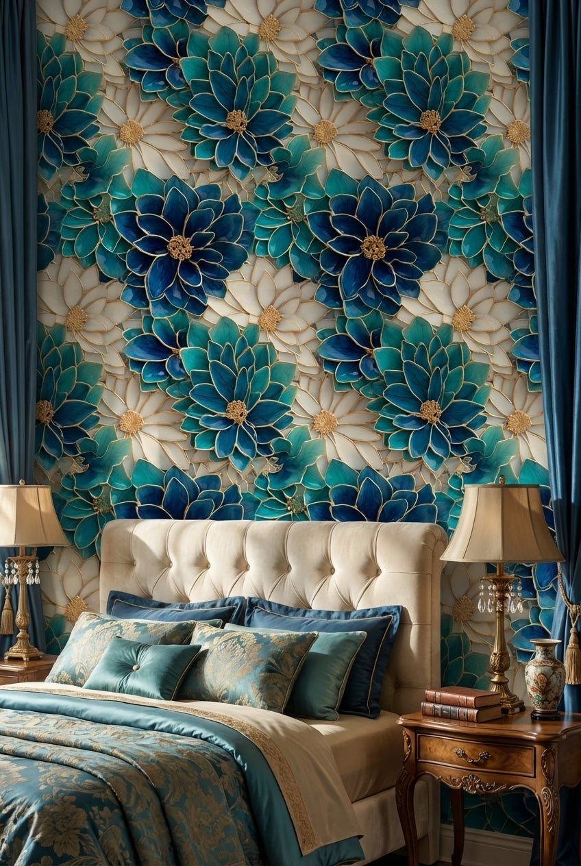 Floral Glam Wallpaper Blue Abstract Decorative Mural