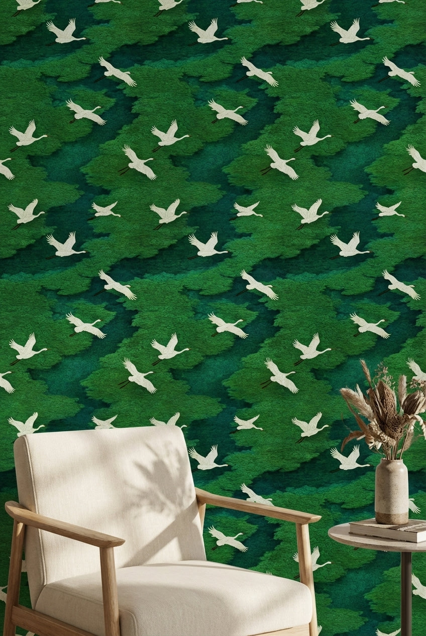 Cranes Wallpaper Green Nature Decorative Mural