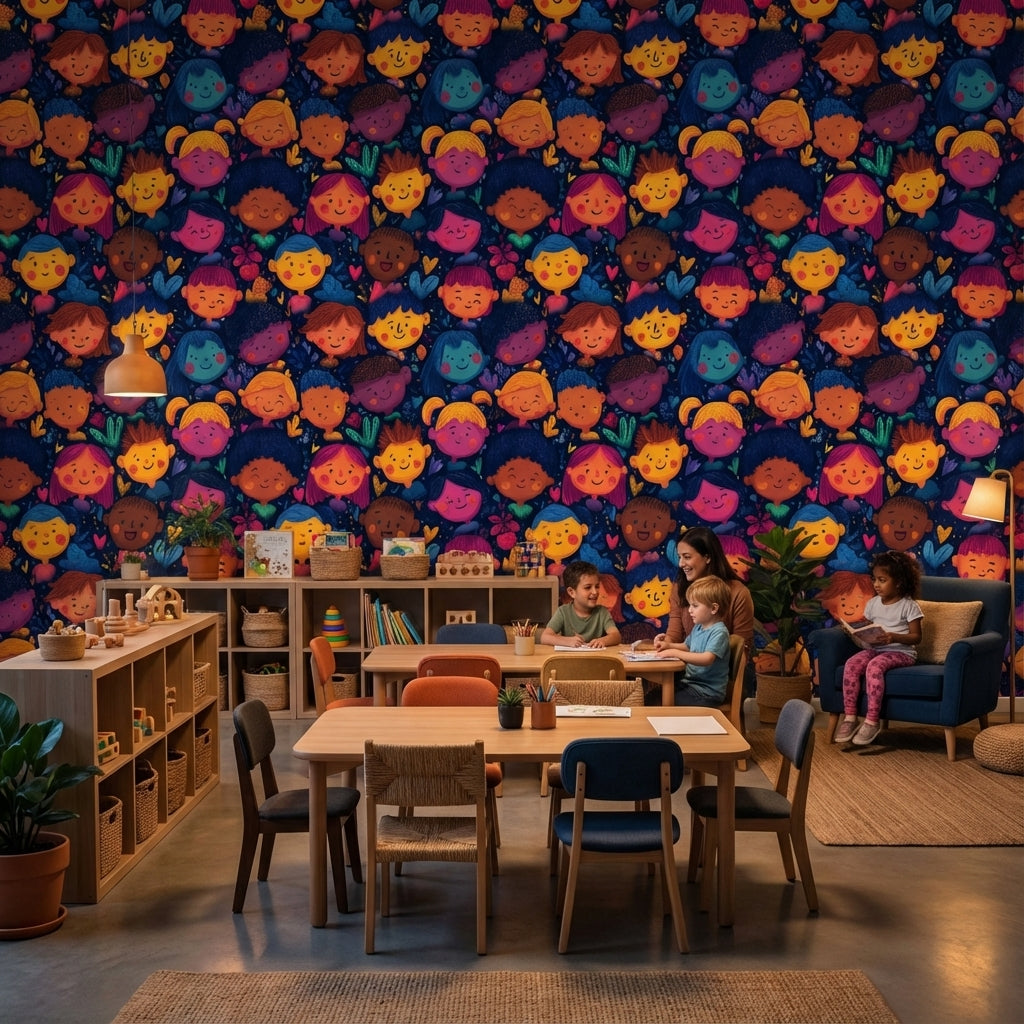 Faces Wallpaper Cartoon Colorful Decorative Mural