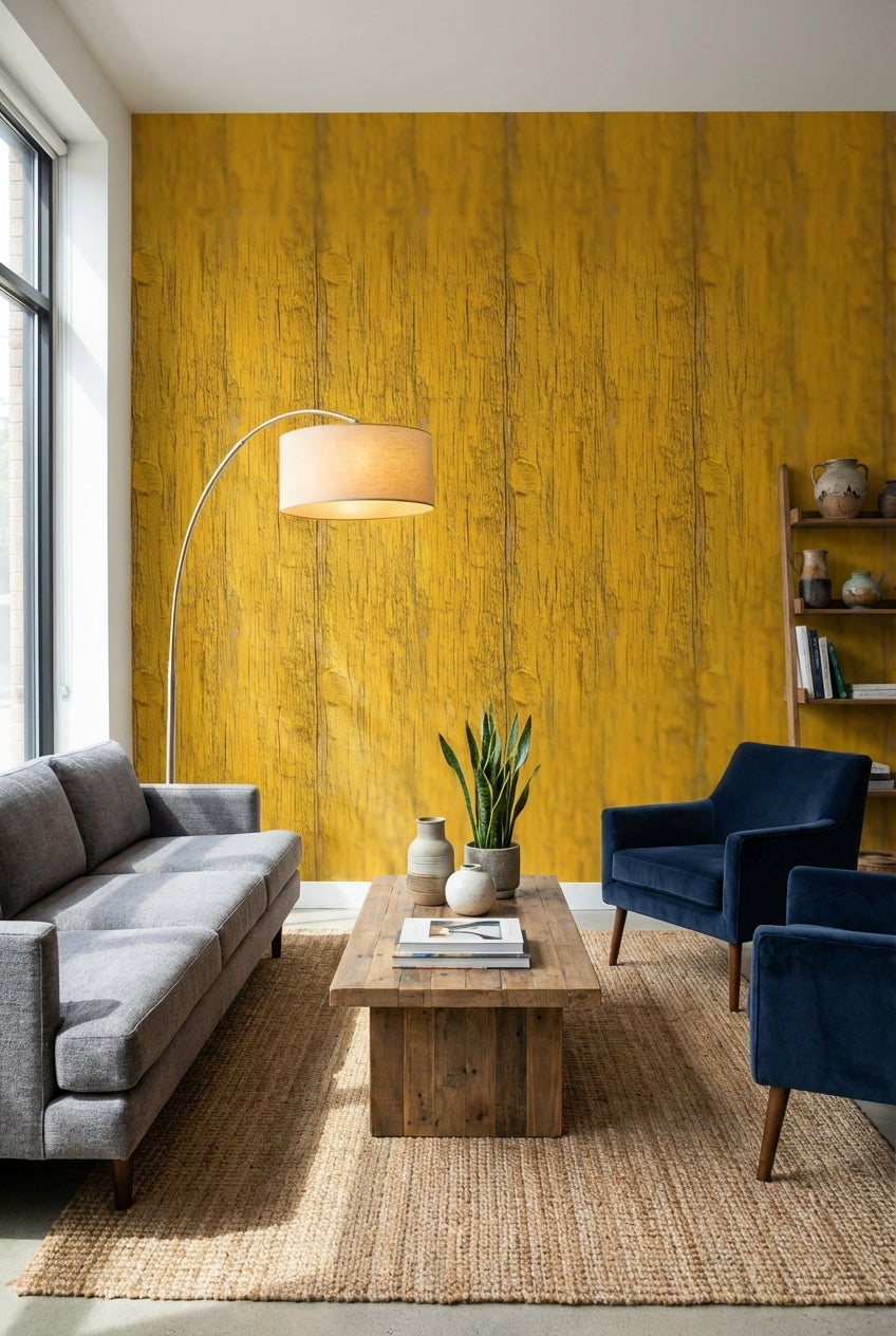 Rustic Wood Wallpaper Yellow Industrial Decorative Mural