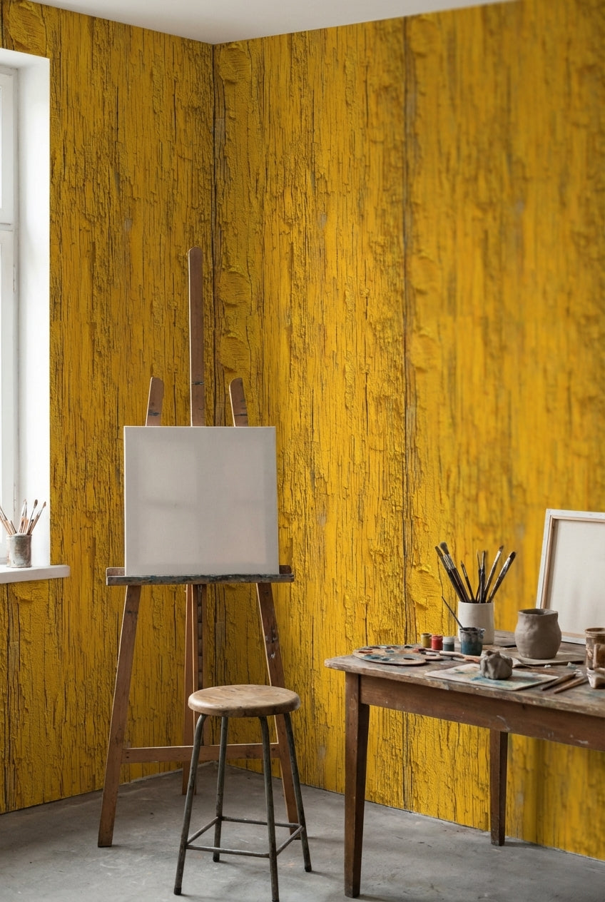 Rustic Wood Wallpaper Yellow Industrial Decorative Mural