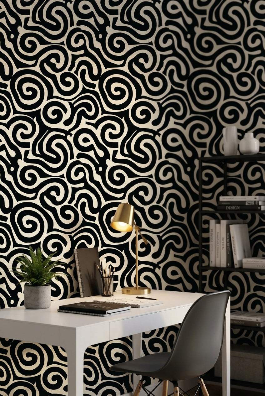 Abstract Pattern Wallpaper Spiral Black White Decorative Mural