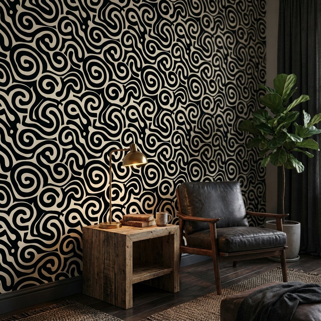 Abstract Pattern Wallpaper Spiral Black White Decorative Mural