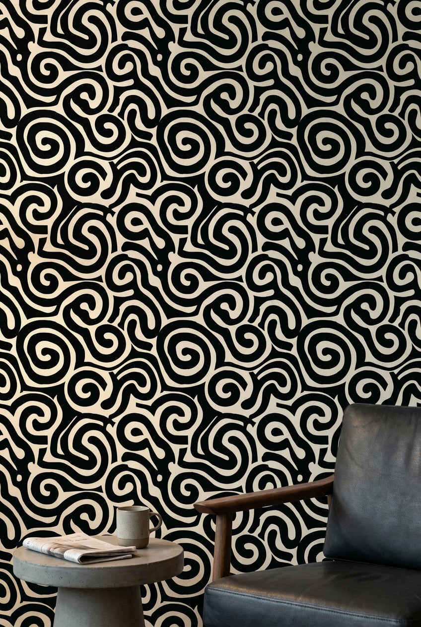 Abstract Pattern Wallpaper Spiral Black White Decorative Mural