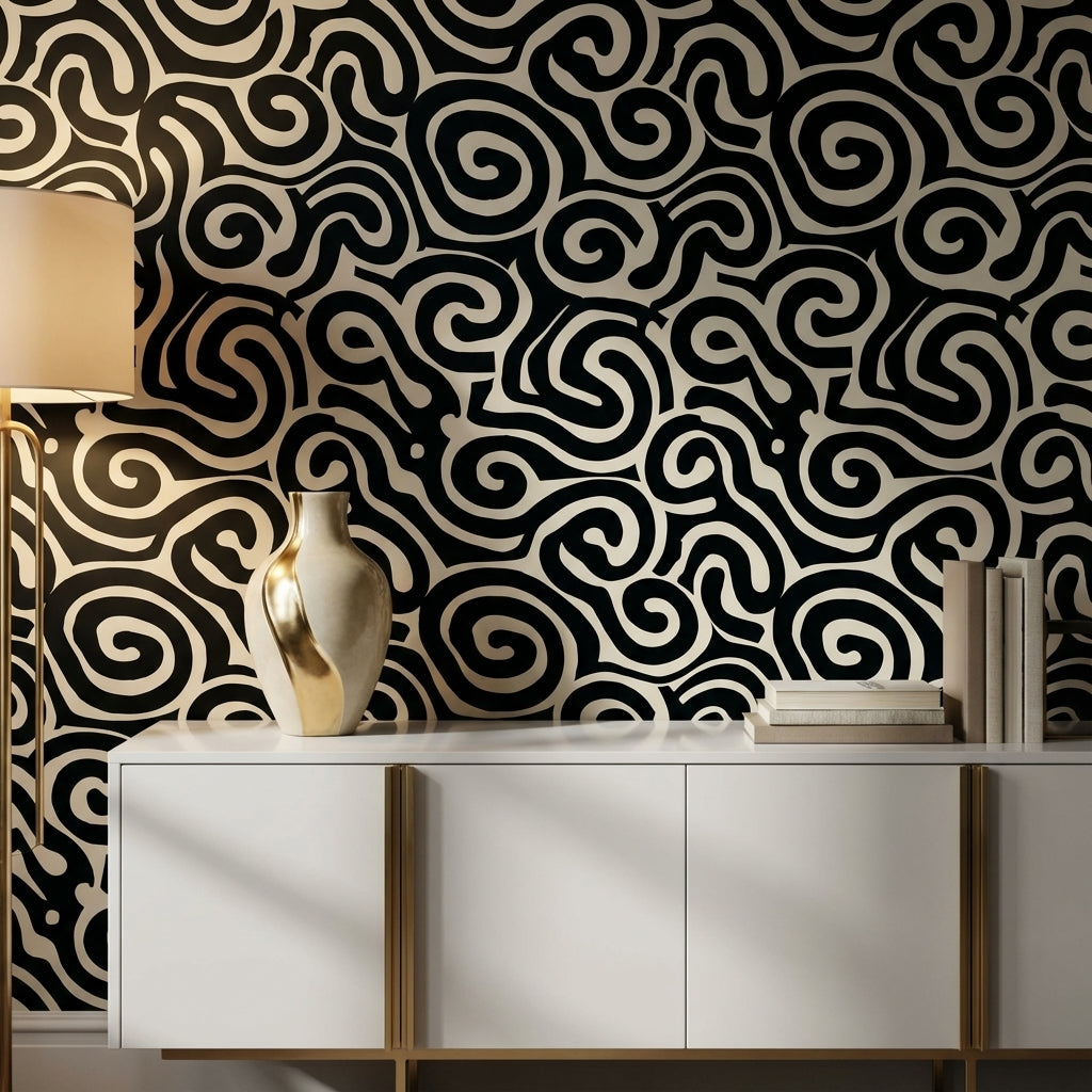 Abstract Pattern Wallpaper Spiral Black White Decorative Mural