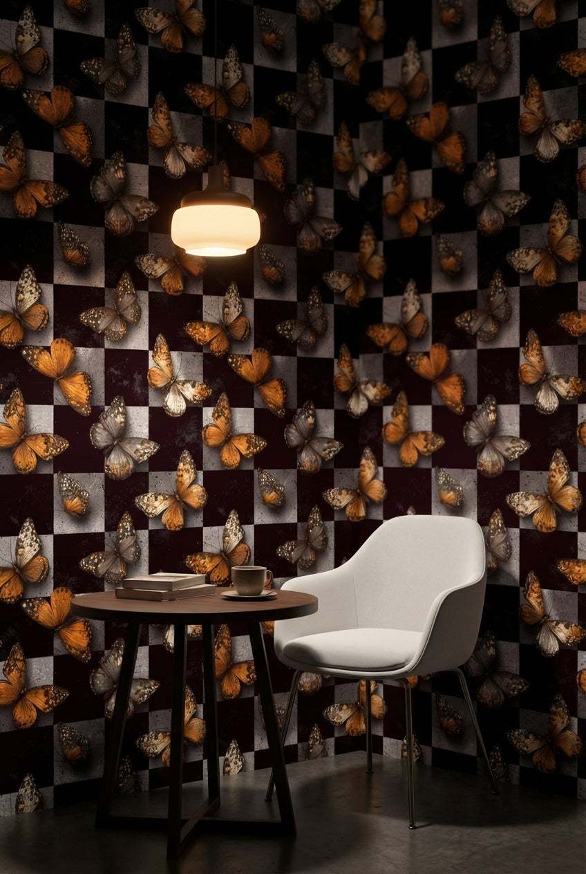 Butterflies Wallpaper Checkered Modern Decorative Mural