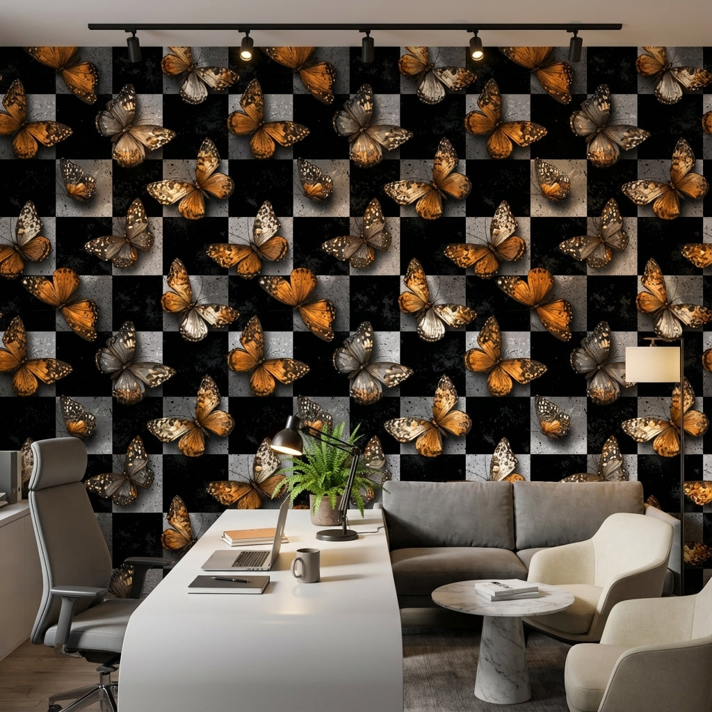 Butterflies Wallpaper Checkered Modern Decorative Mural