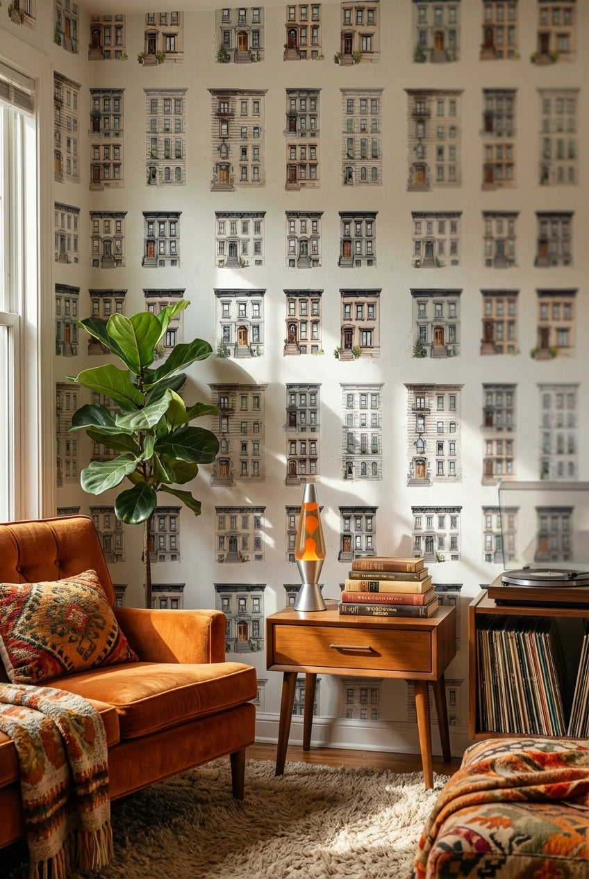 White Historic Brownstone Architectural Wallpaper