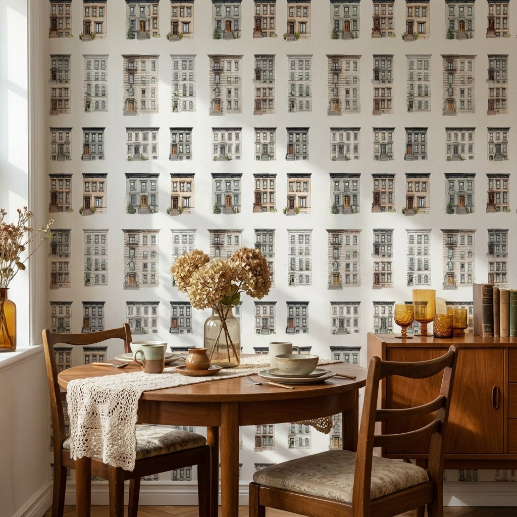 White Historic Brownstone Architectural Wallpaper